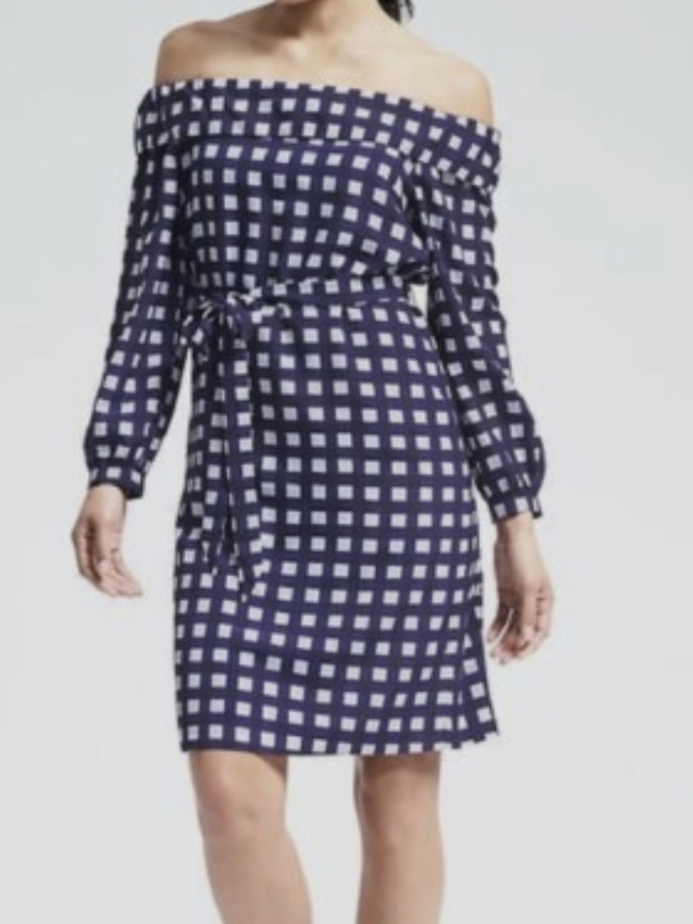 BANANA REPUBLIC Off the Shoulder Gingham Dress Tie-Waist Navy White Large Tall